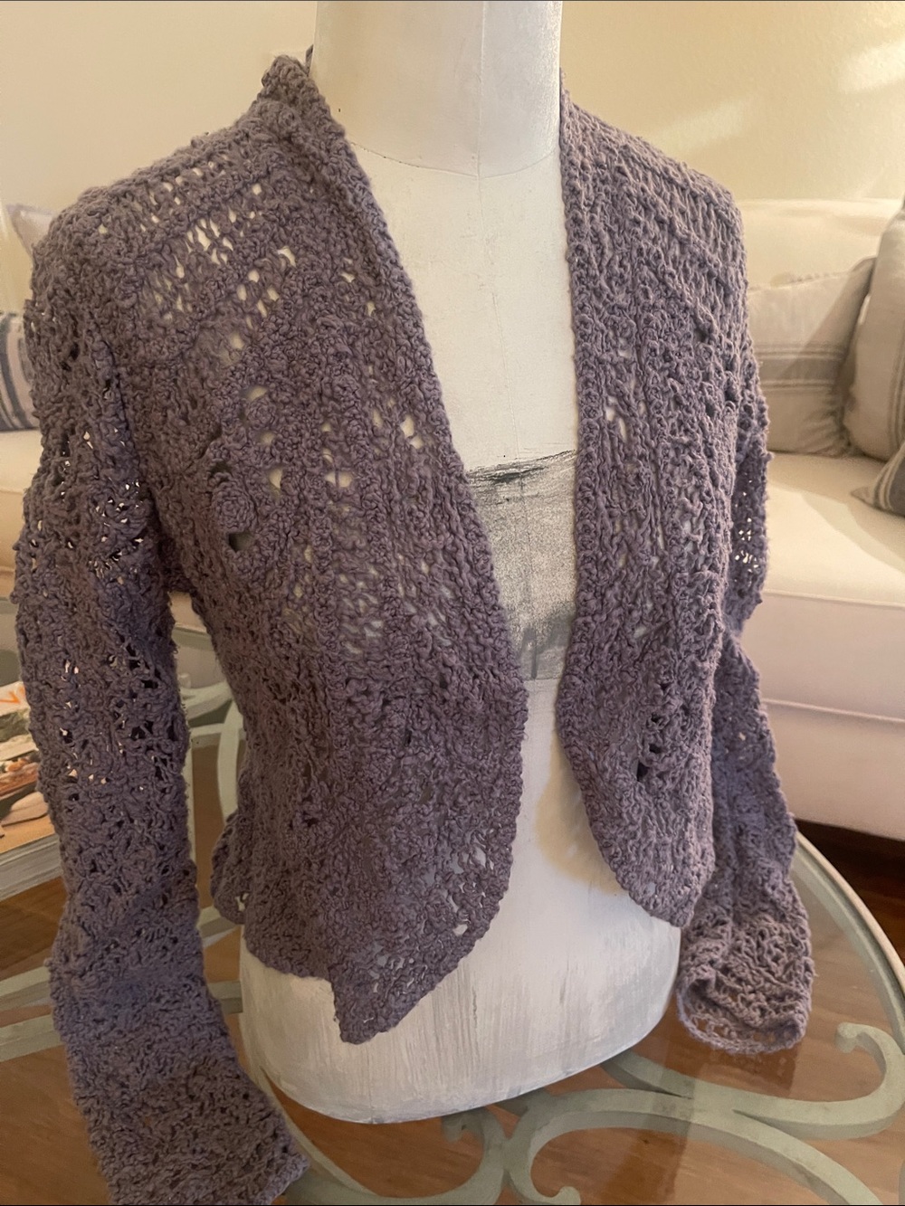 Angel Of The North Open-Front Crochet Cardigan in Dusty Lavender
